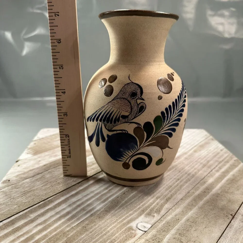 Mexican Folk Art Floral Vase Bird Sandstone Vintage Pottery Handcrafted Painted